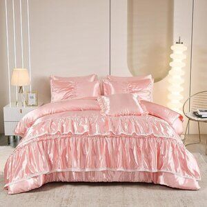 NEW Twin 8pc Bed in a Bag Pink Satin Tiered Ruffle Comforter & Sheets Bedding